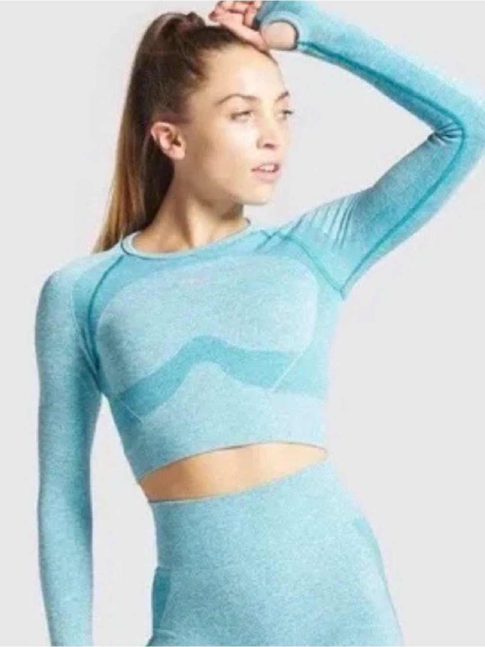 Gymshark Flex Crop Top & Compression Leggings Hydro Teal Marl Workout Set, Sz S